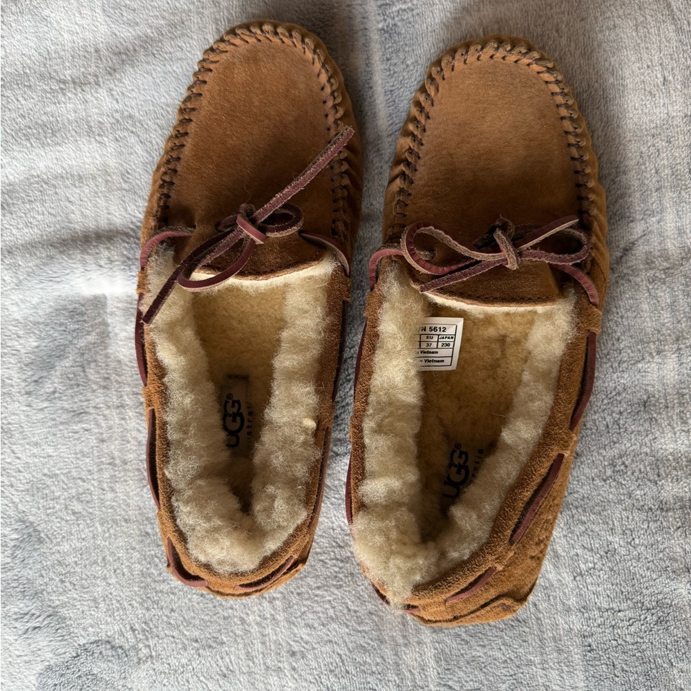 UGG Chestnut Suede Moccasin Slippers with Shearling Lining
